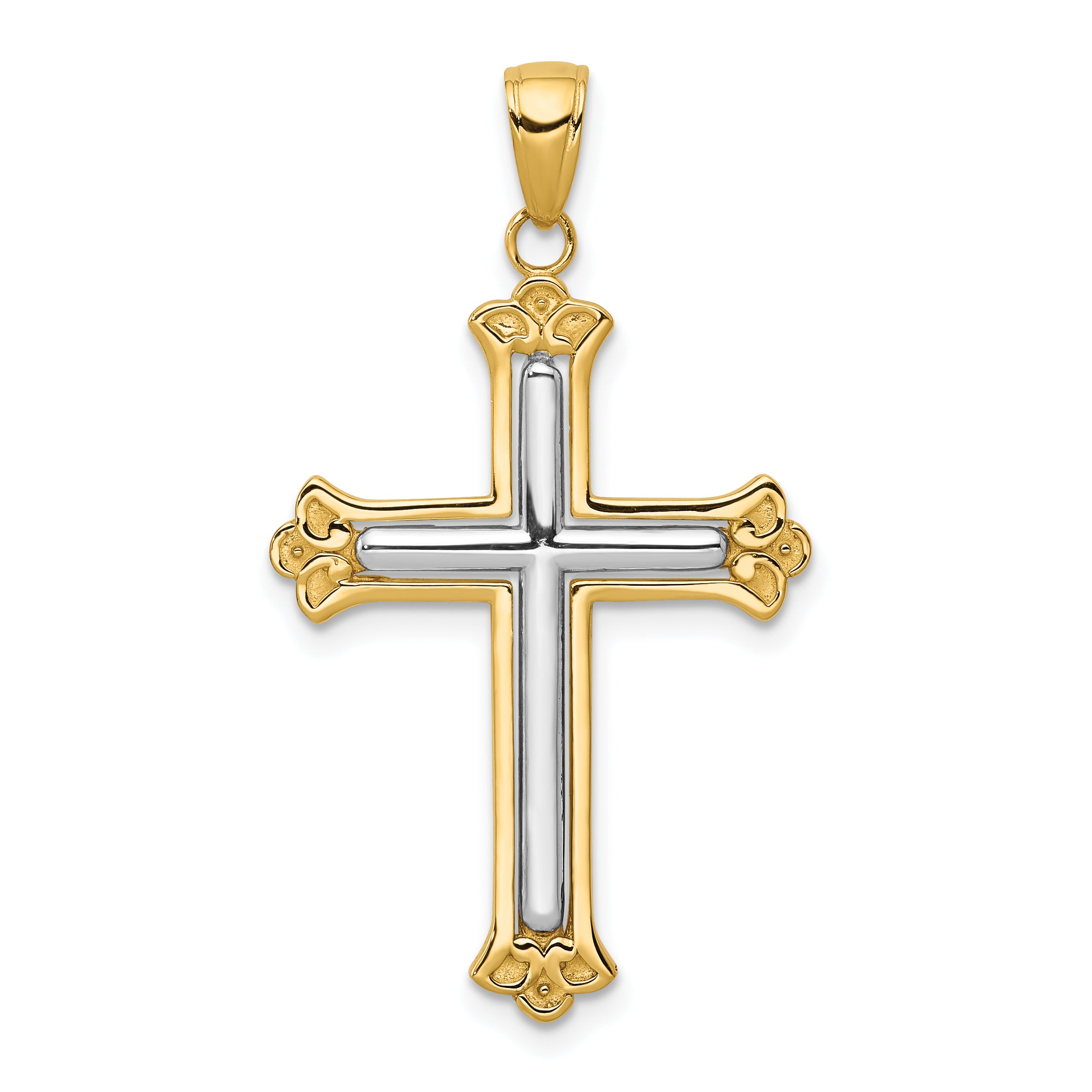 10K Two-tone Cross in Budded Yellow Cross Frame Pendant