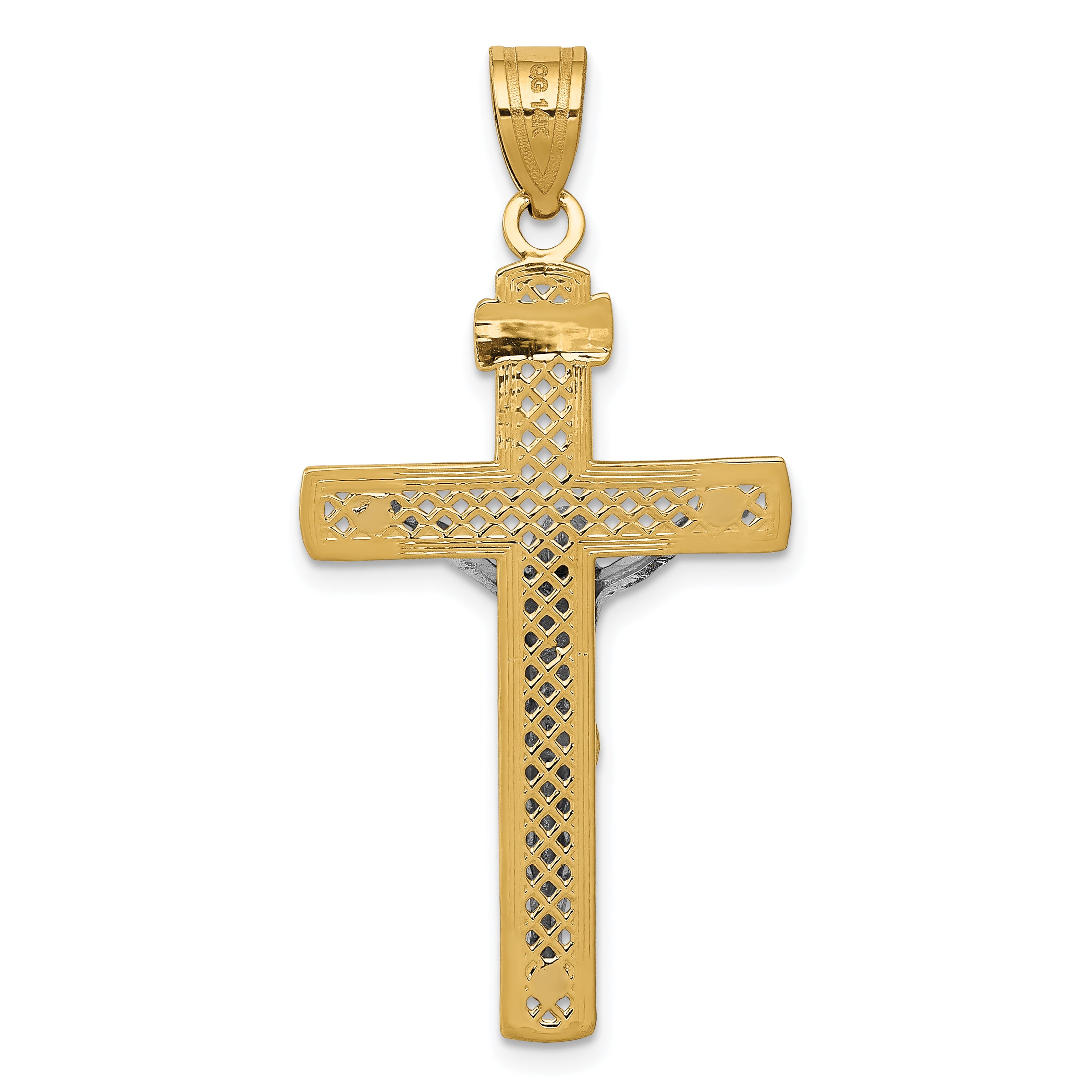 10K Two-tone D/C Large Block Lattice Cross w/Crucifix Pendant