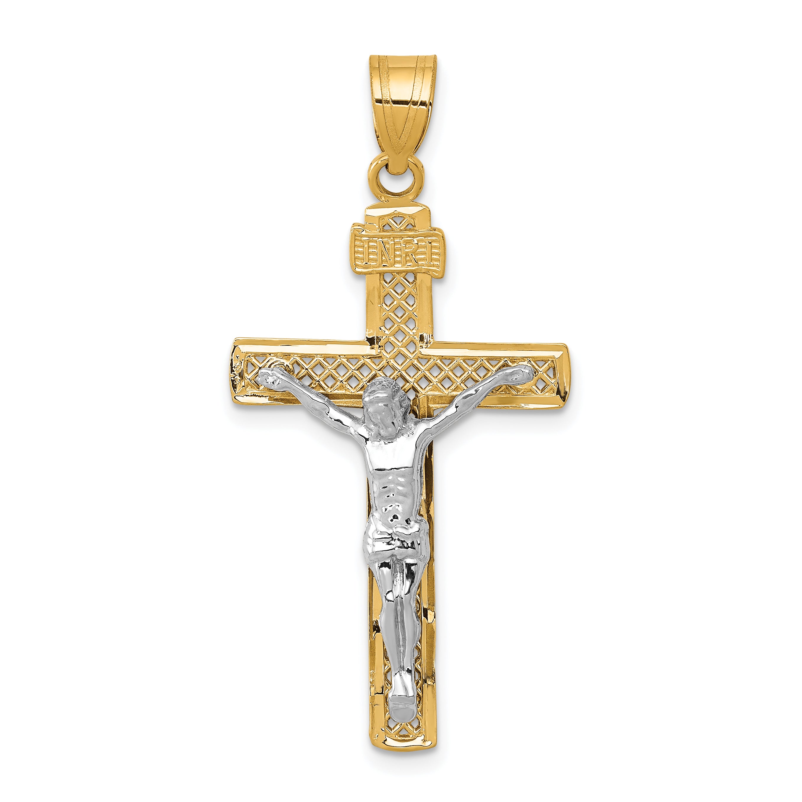 10K Two-tone D/C Large Block Lattice Cross w/Crucifix Pendant