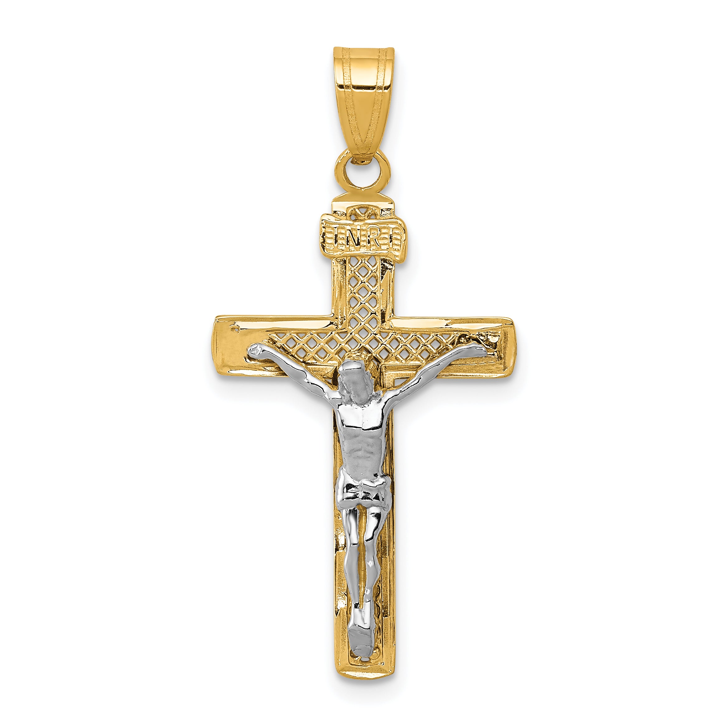 10K Two-tone D/C Medium Block Lattice Cross w/Crucifix Pendant