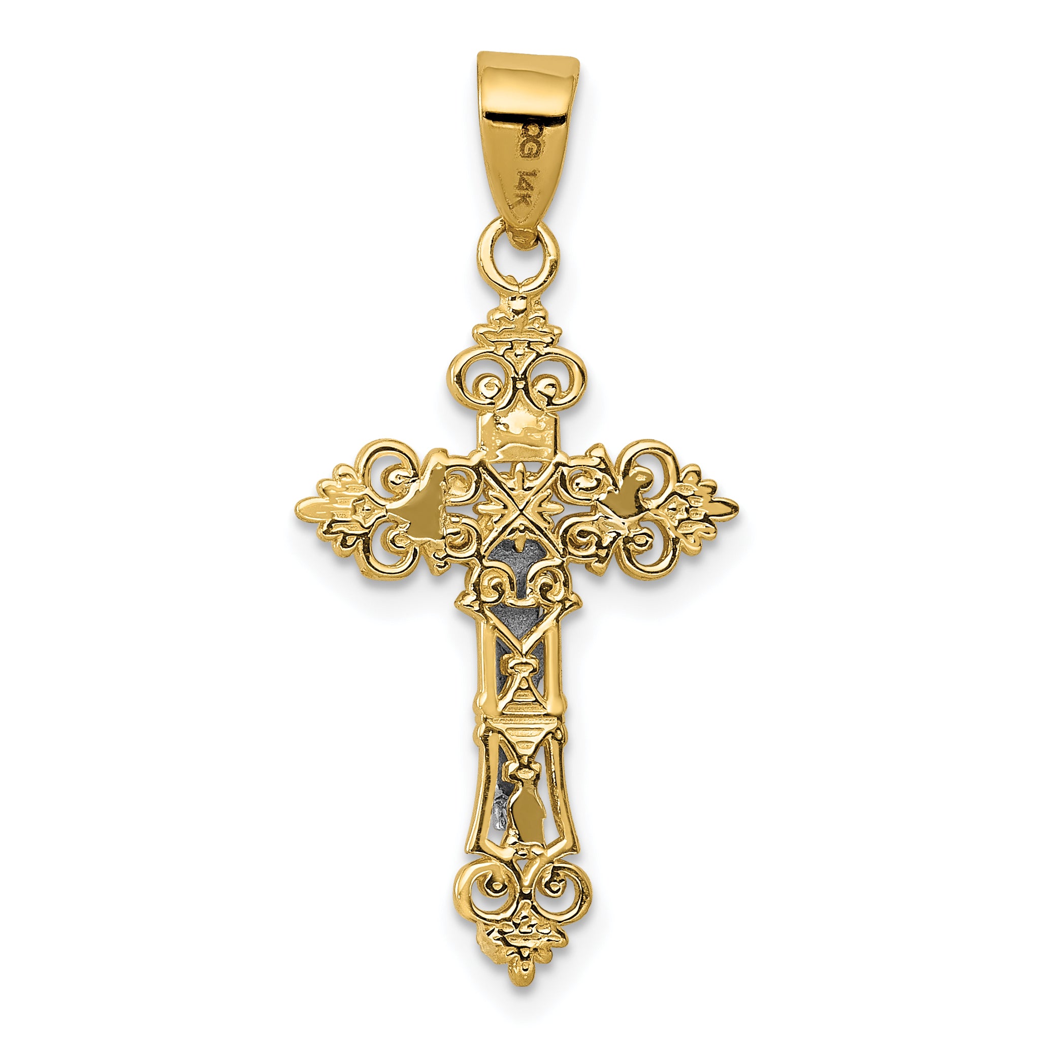 10K Two-tone Small Lacey-edged INRI Crucifix Pendant