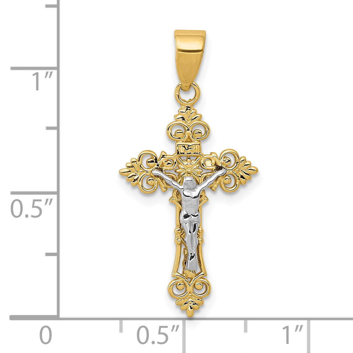 10K Two-tone Small Lacey-edged INRI Crucifix Pendant