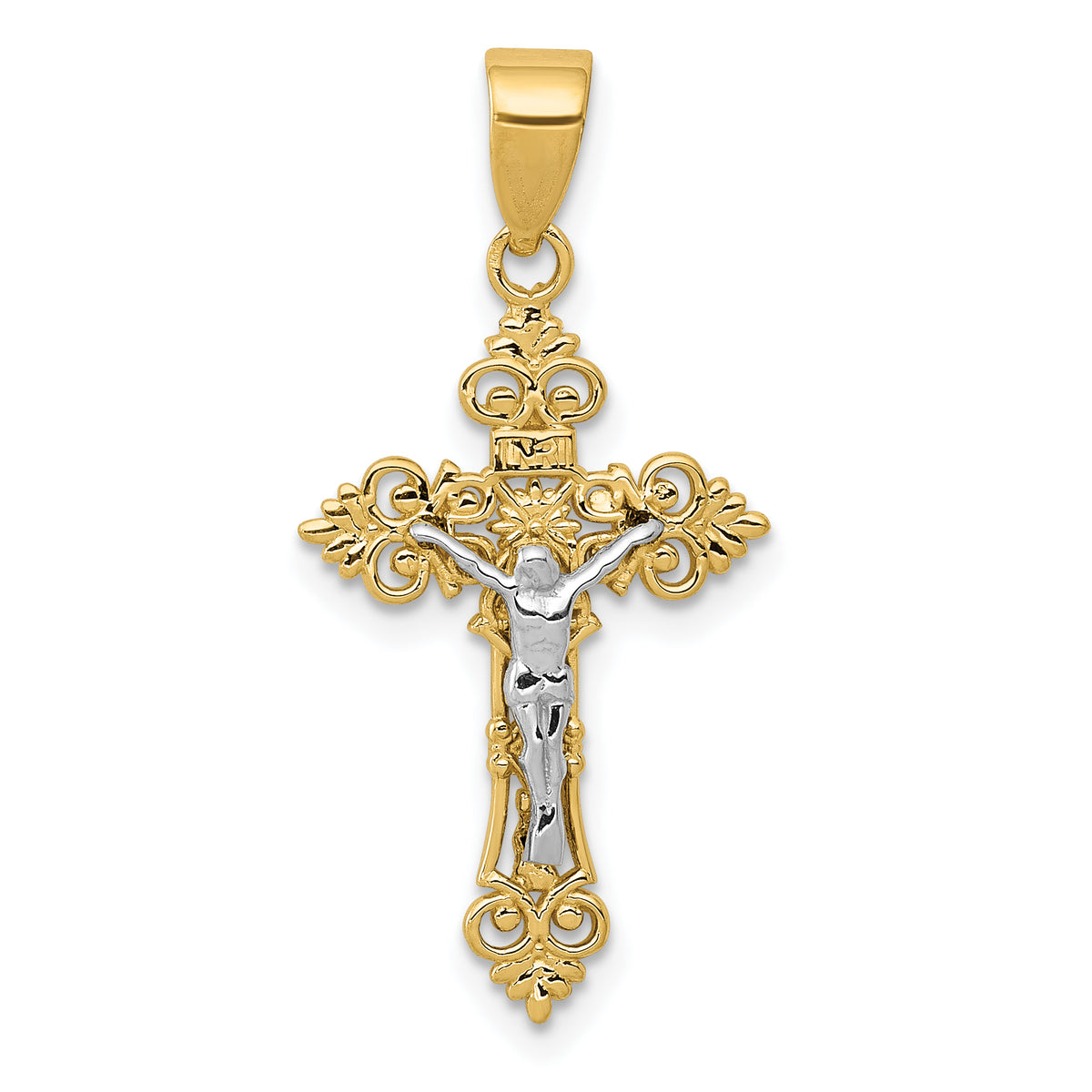 10K Two-tone Small Lacey-edged INRI Crucifix Pendant