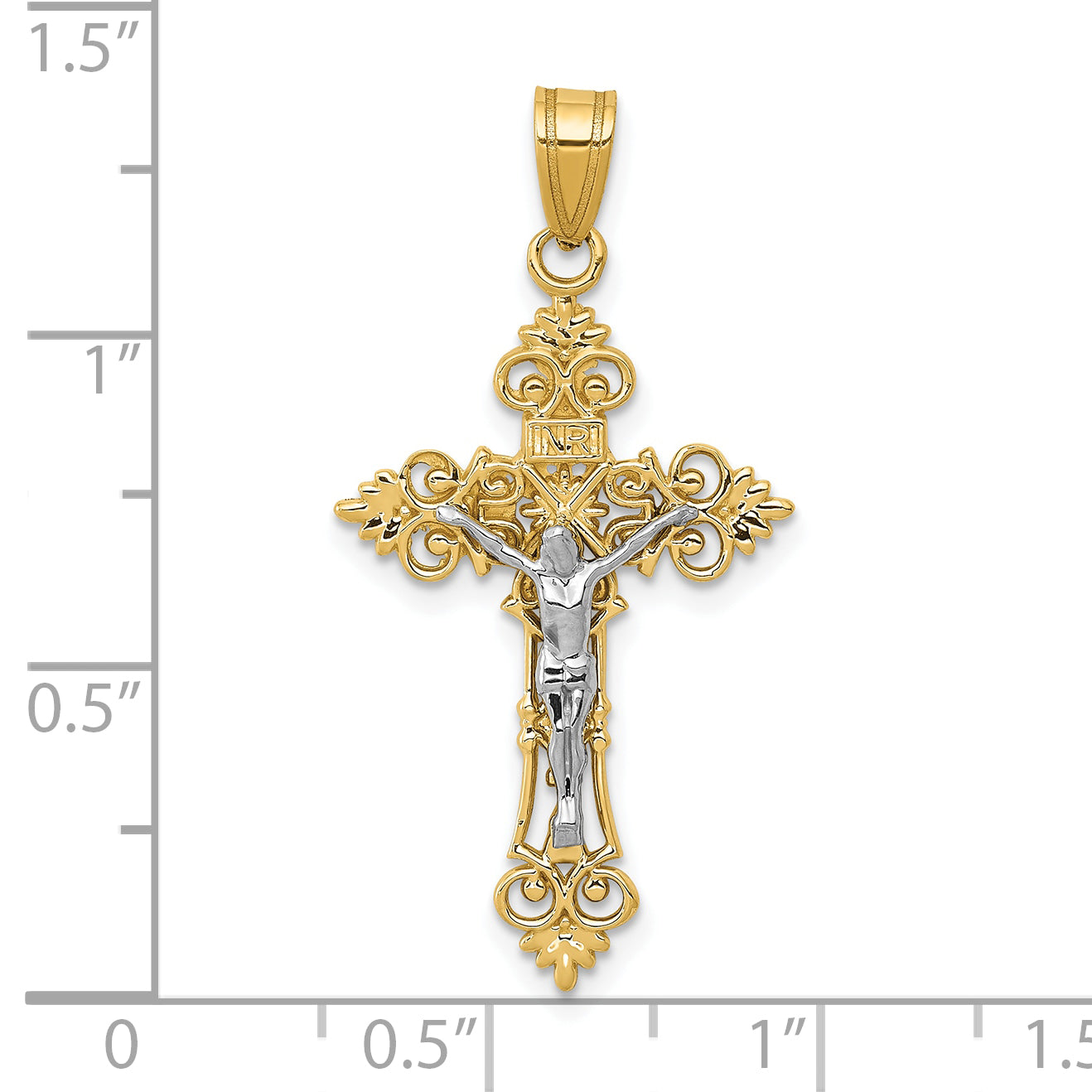 10K Two-tone Medium Lacey-edged INRI Crucifix Pendant