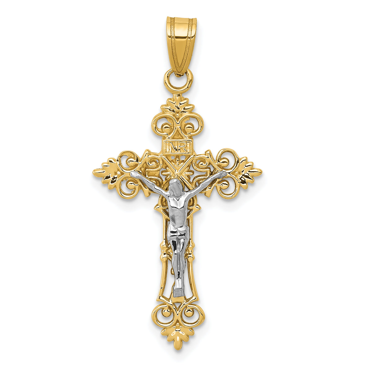 10K Two-tone Medium Lacey-edged INRI Crucifix Pendant