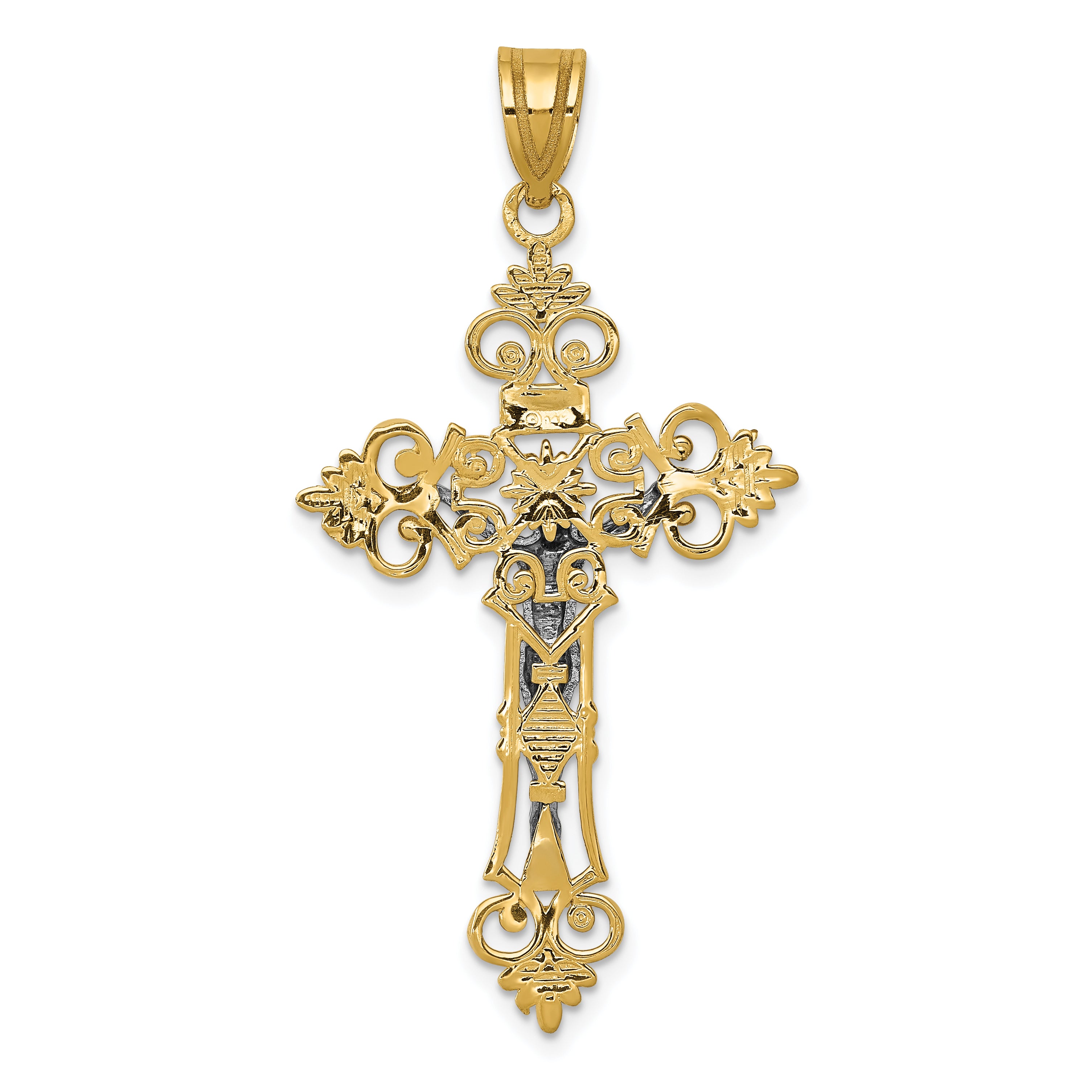 10K Two-tone Large Lacey-edged INRI Crucifix Pendant