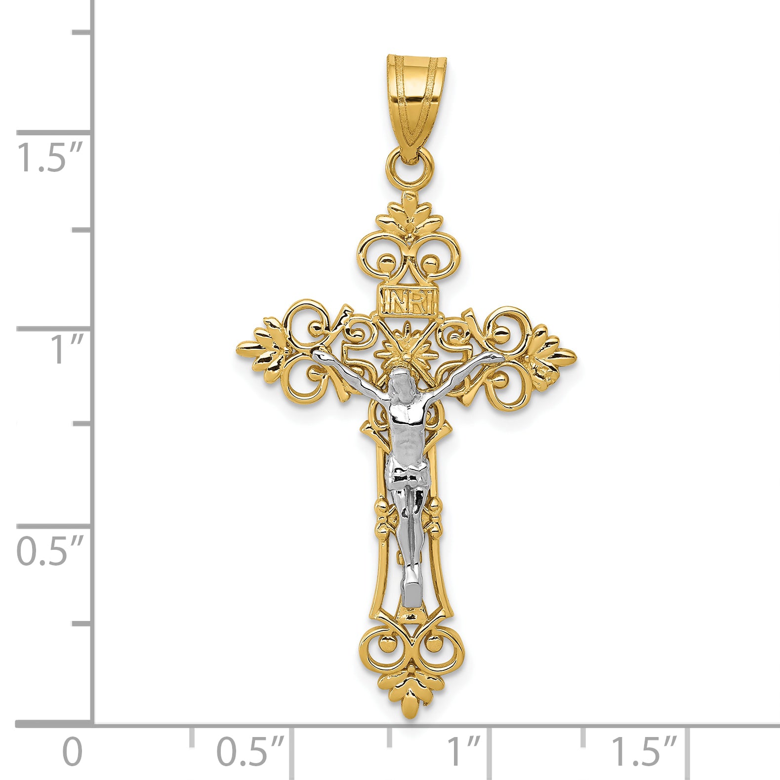 10K Two-tone Large Lacey-edged INRI Crucifix Pendant