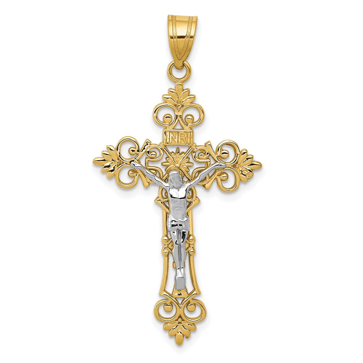 10K Two-tone Large Lacey-edged INRI Crucifix Pendant