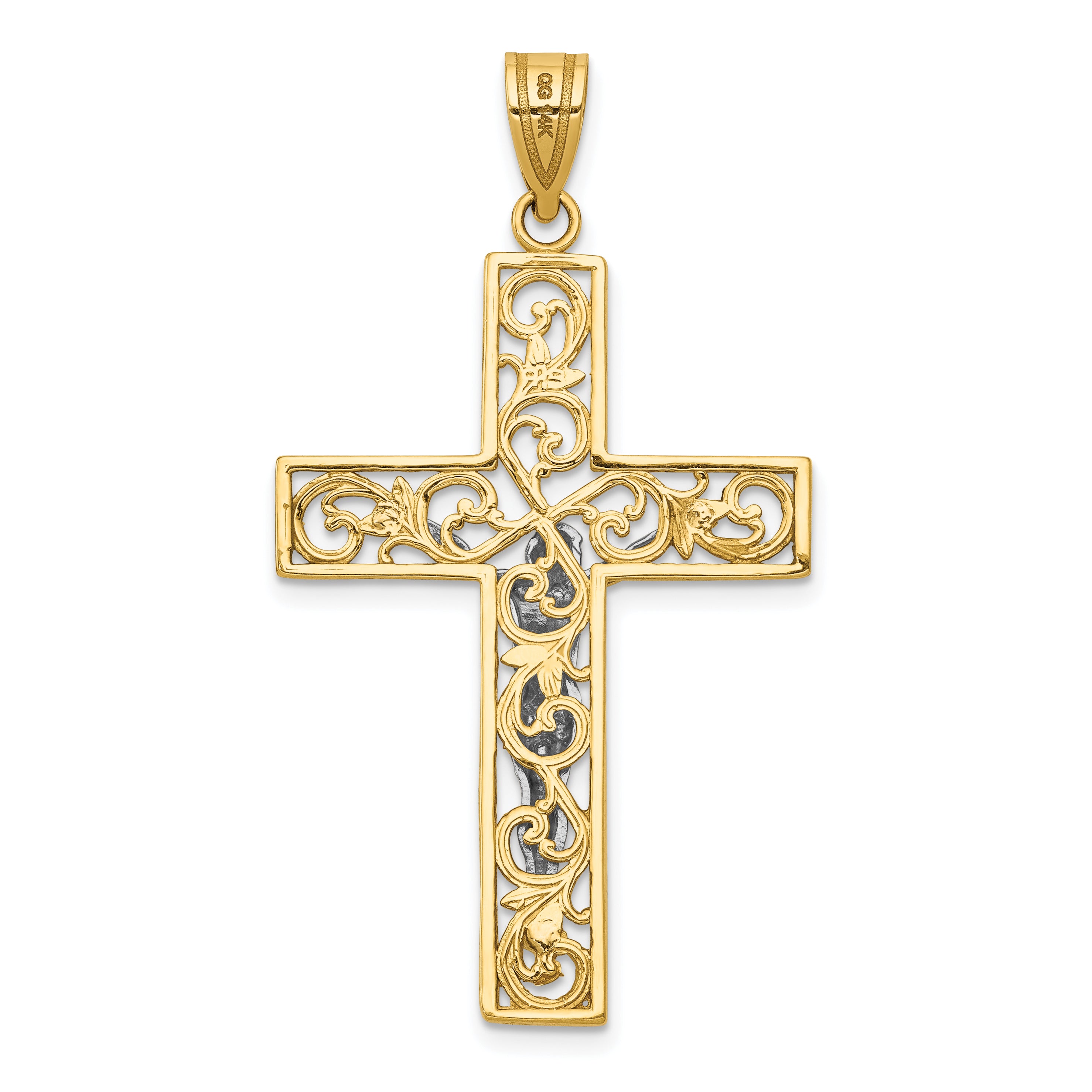 10K Two-tone D/C Large Block Filigree Cross w/Crucifix Pendant