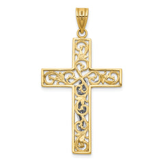 10K Two-tone D/C Large Block Filigree Cross w/Crucifix Pendant