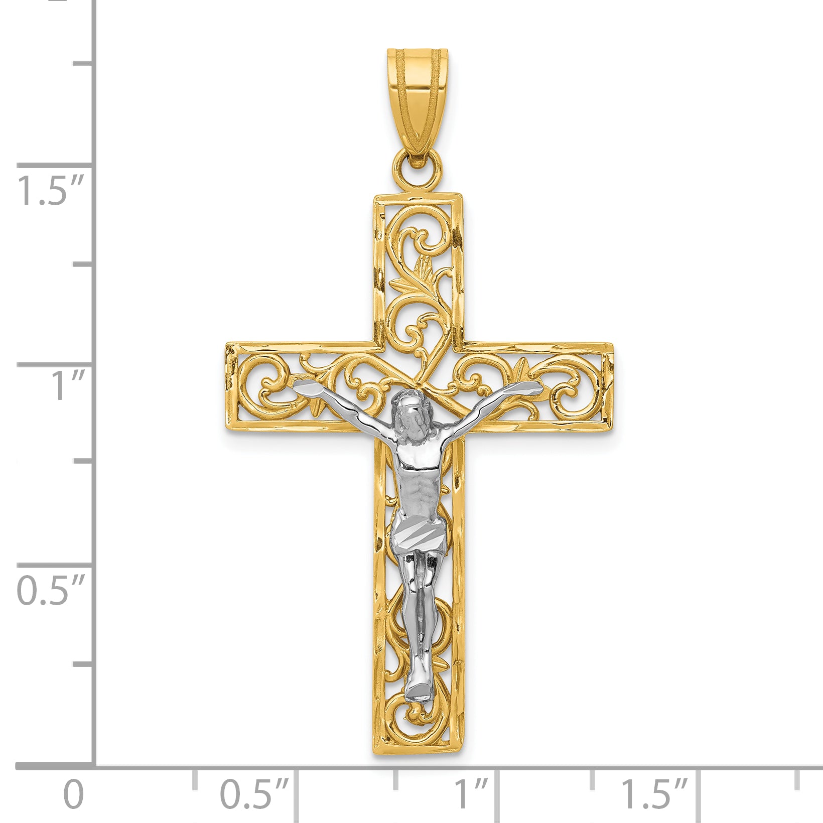 10K Two-tone D/C Large Block Filigree Cross w/Crucifix Pendant