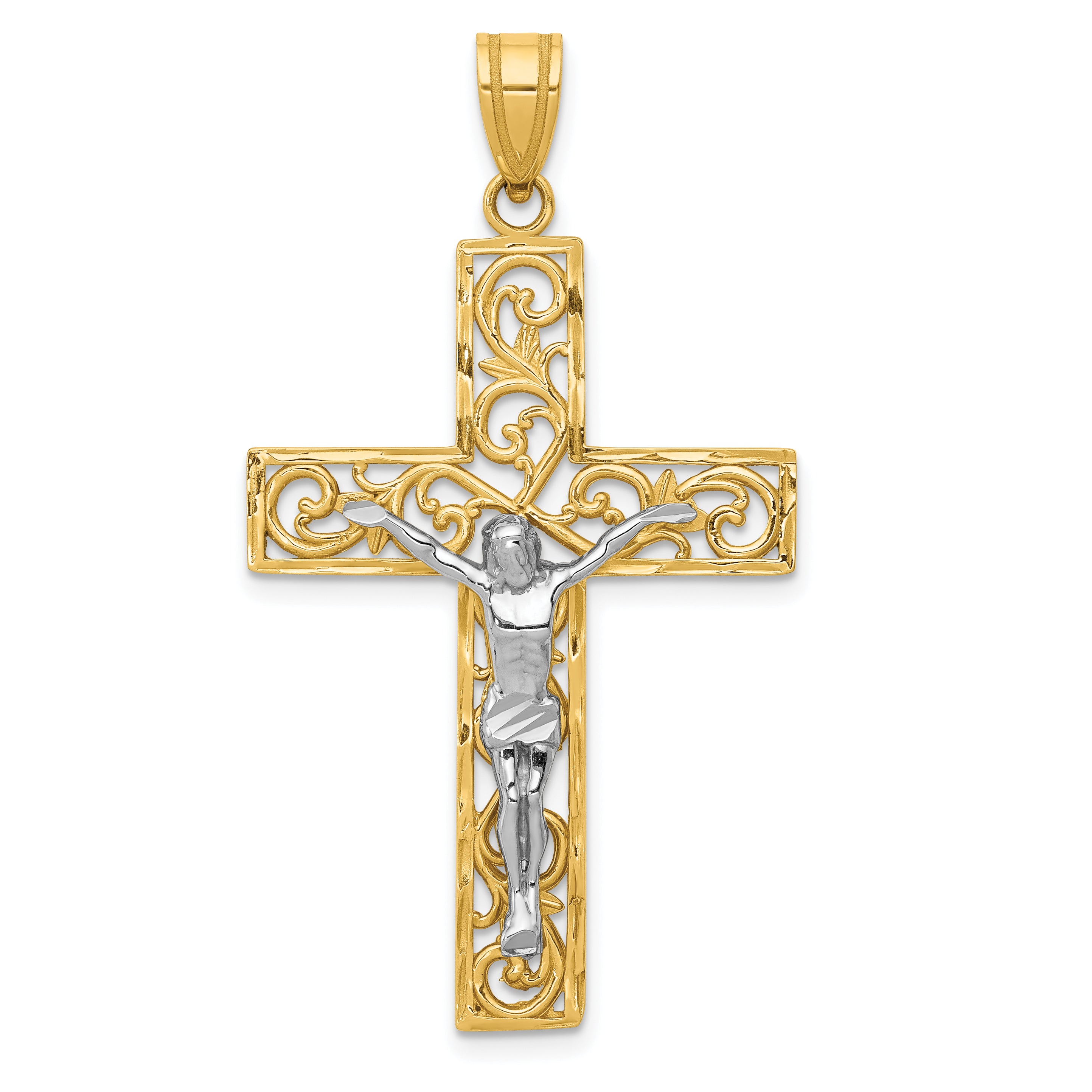 10K Two-tone D/C Large Block Filigree Cross w/Crucifix Pendant