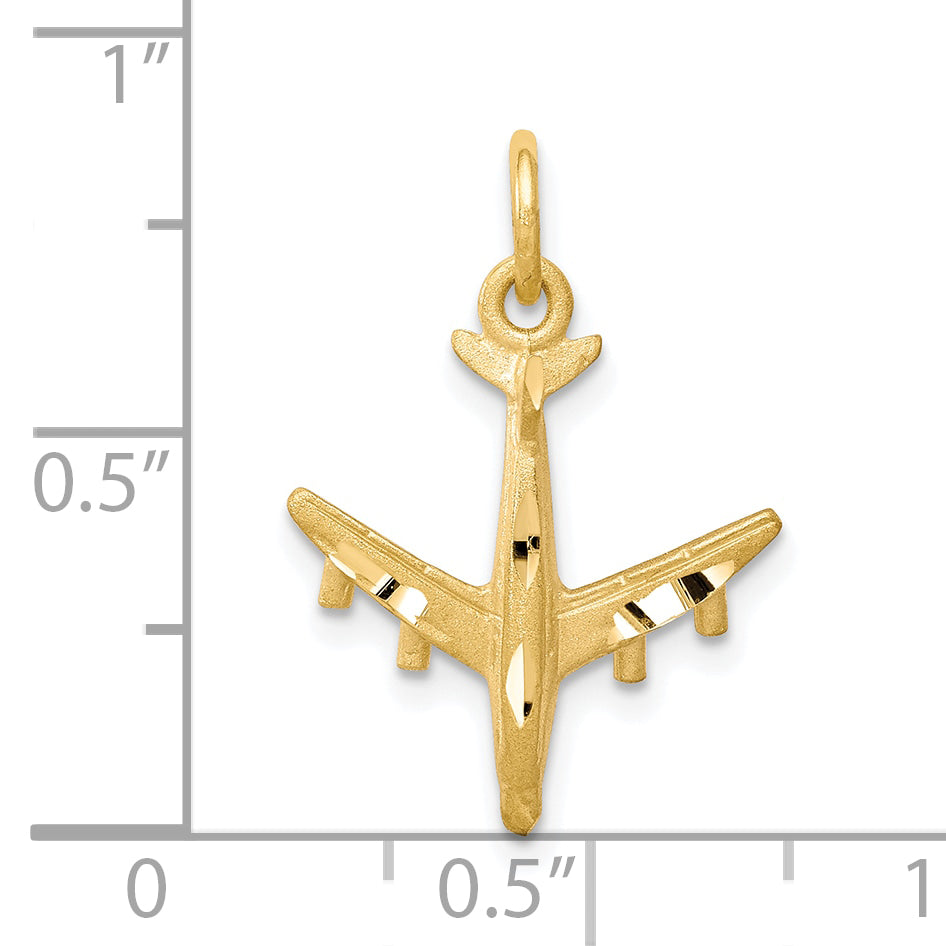 10K Gold 3D Airplane Charm with Satin Brushed Finish Elegant Travel-Inspired Jewelry