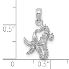 10K White Gold Solid Seahorse and Starfish Pendant