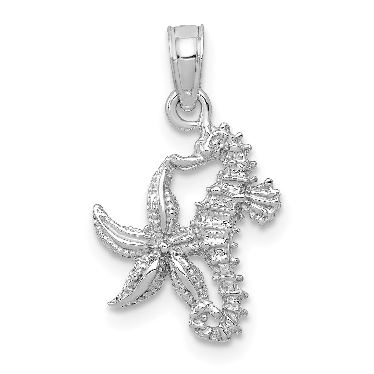 10K White Gold Solid Seahorse and Starfish Pendant