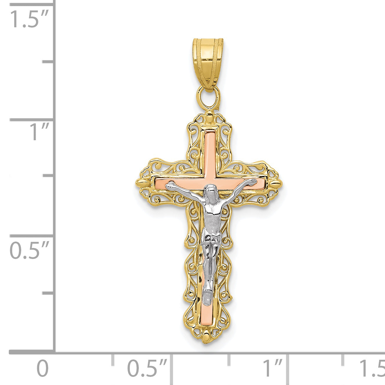 10K Tri-color Diamond-cut Crucifix Pendant