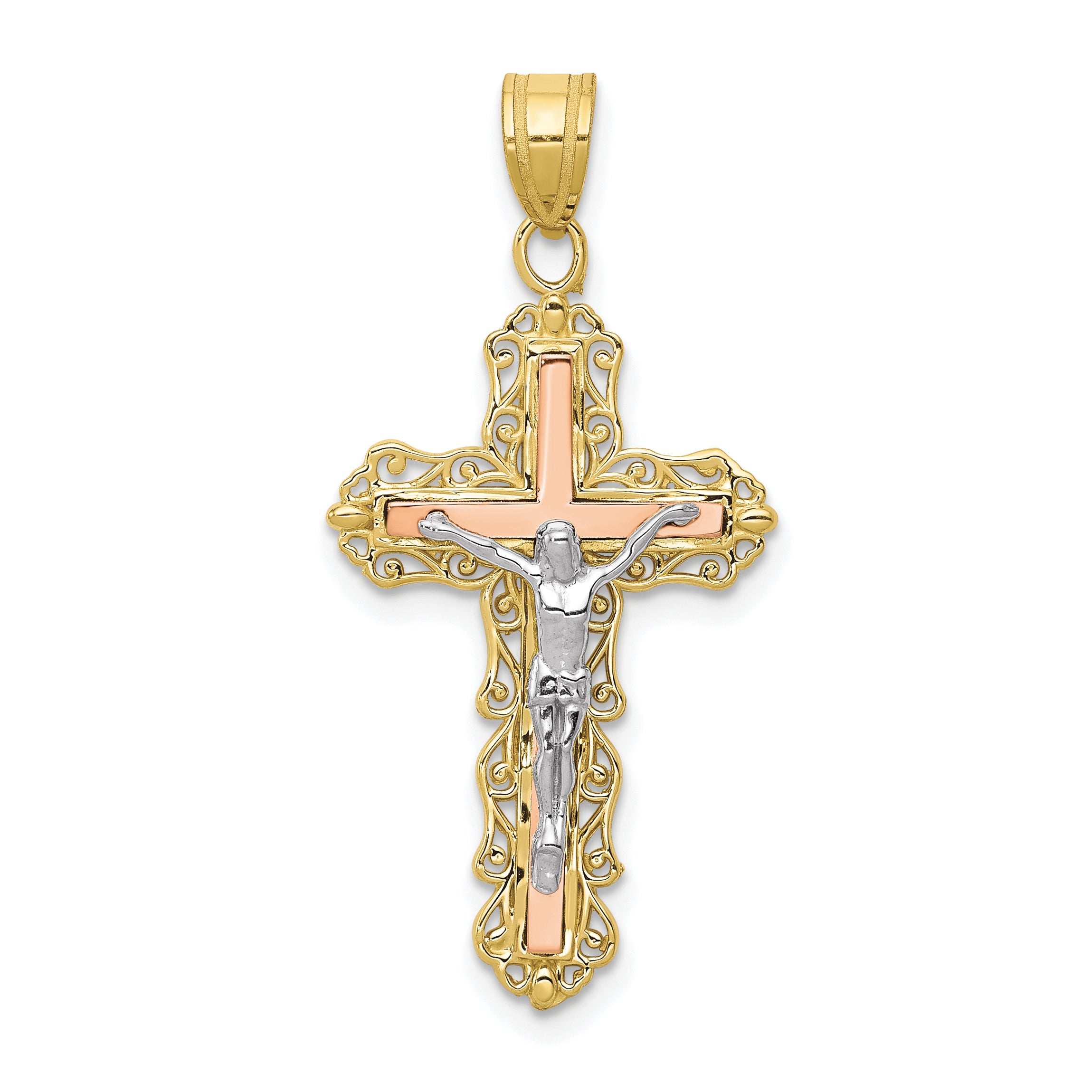 10K Tri-color Diamond-cut Crucifix Pendant