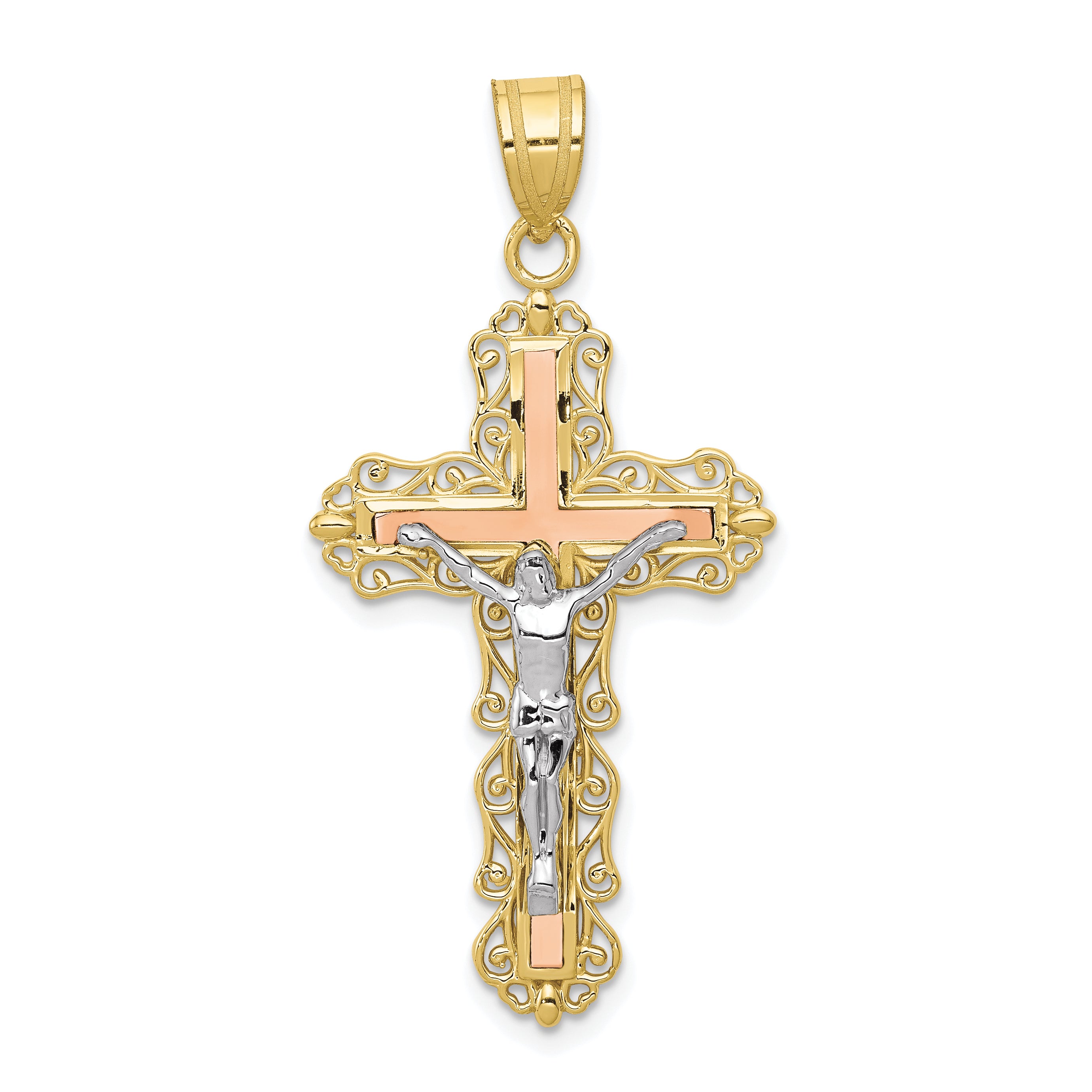 10K Tri-color Diamond-cut Crucifix Pendant