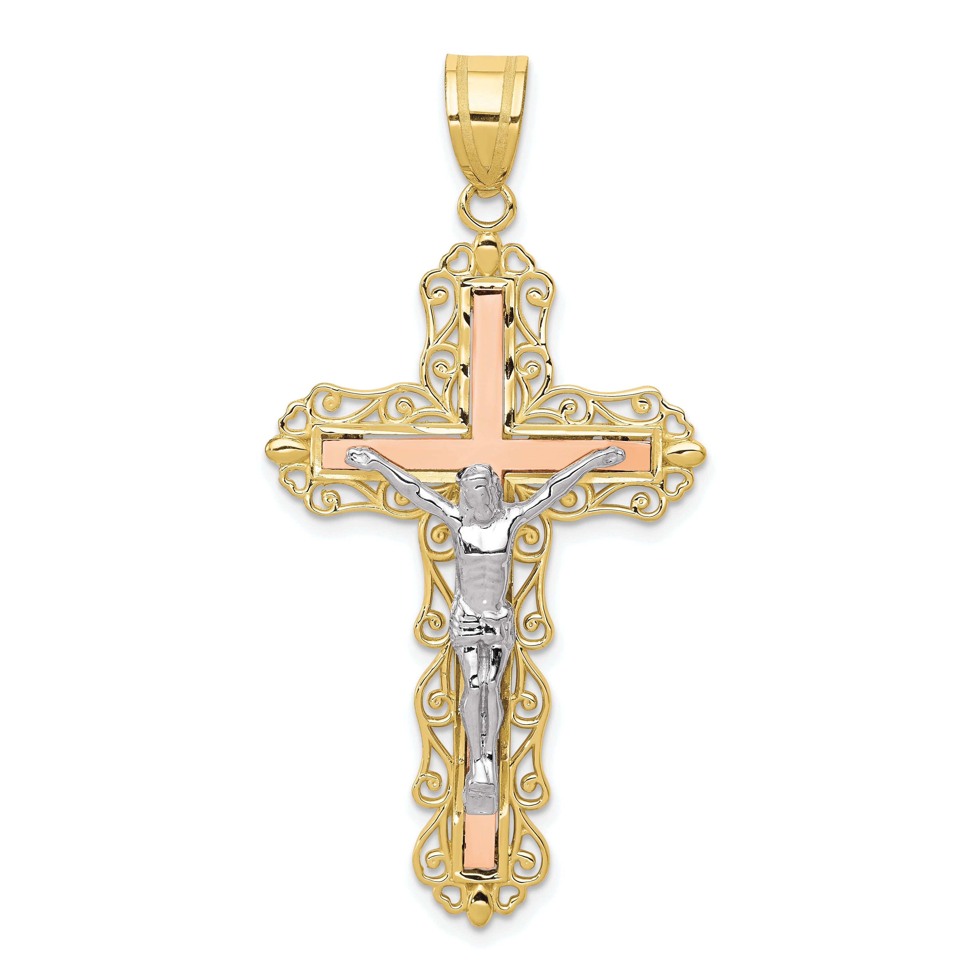 10K Tri-color Diamond-cut Crucifix Pendant