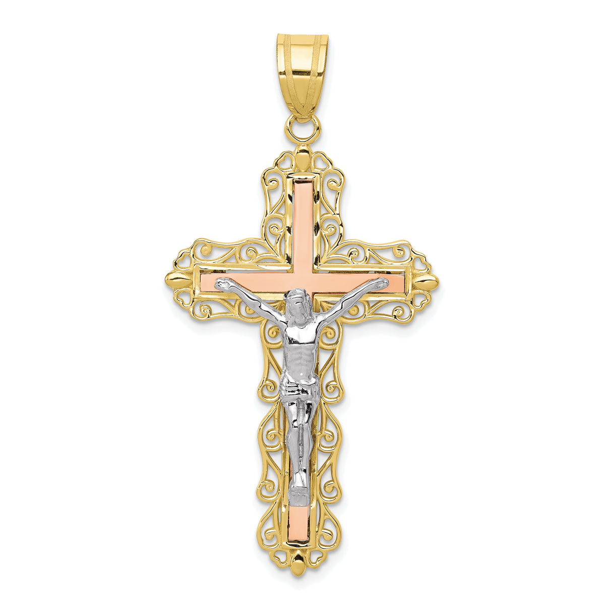 10K Tri-color Diamond-cut Crucifix Pendant