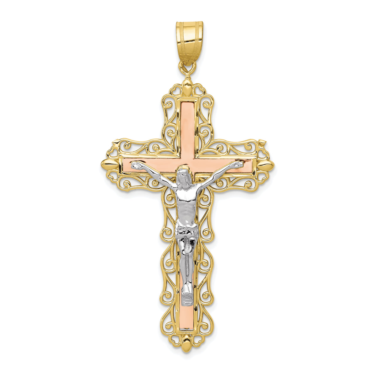 10K Tri-color Diamond-cut Crucifix Pendant