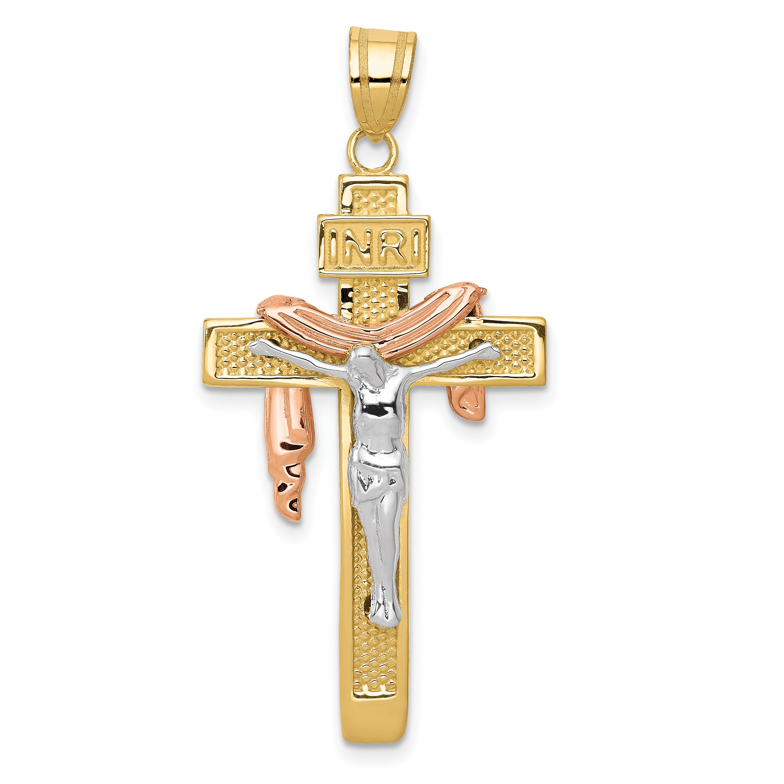 10K Tri-color Large Draped INRI Crucifix Pendant