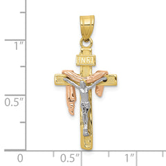 10K Tri-color Diamond-cut Small Draped INRI Crucifix Pendant