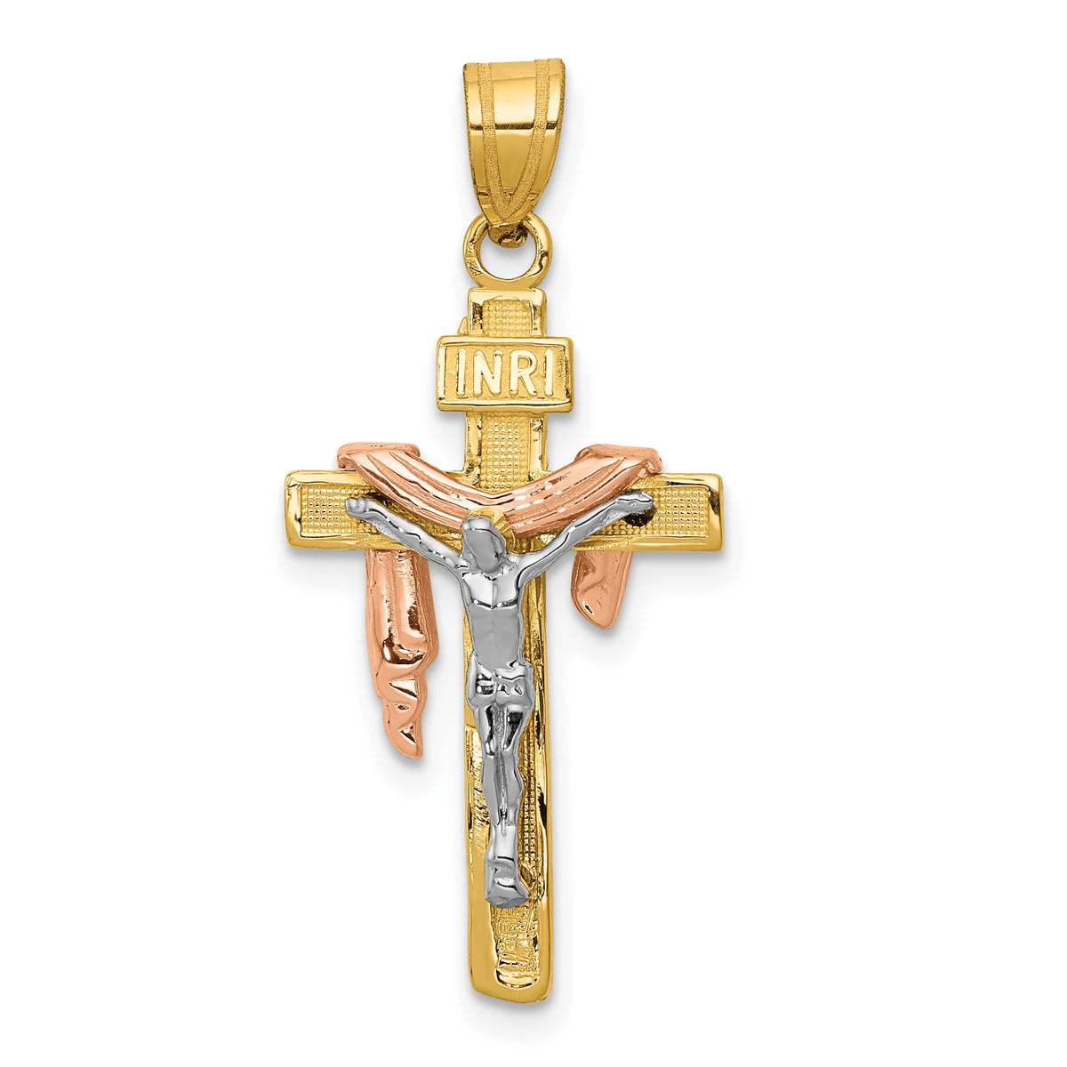 10K Tri-color Diamond-cut Small Draped INRI Crucifix Pendant