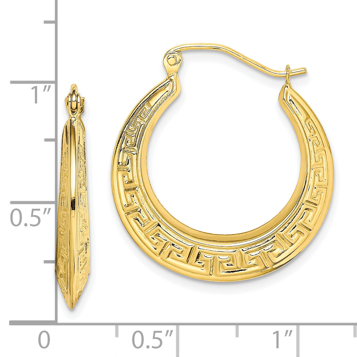 10K Yellow Gold Greek Key Hoop Earrings with Polished Finish and Secure Closure