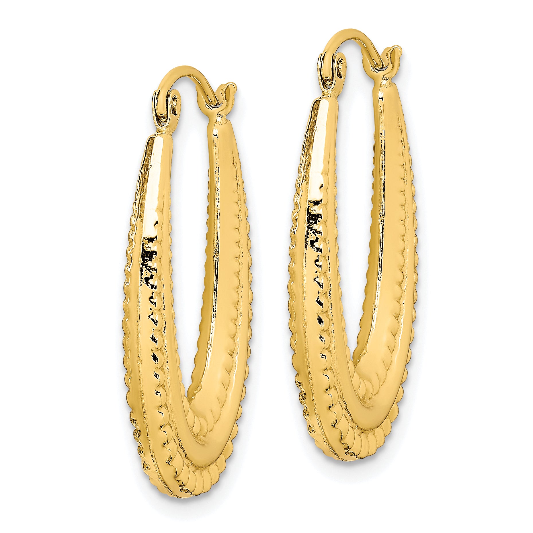 10K Gold Textured Oval Hoop Earrings with Polished Finish 25mm Creole Style