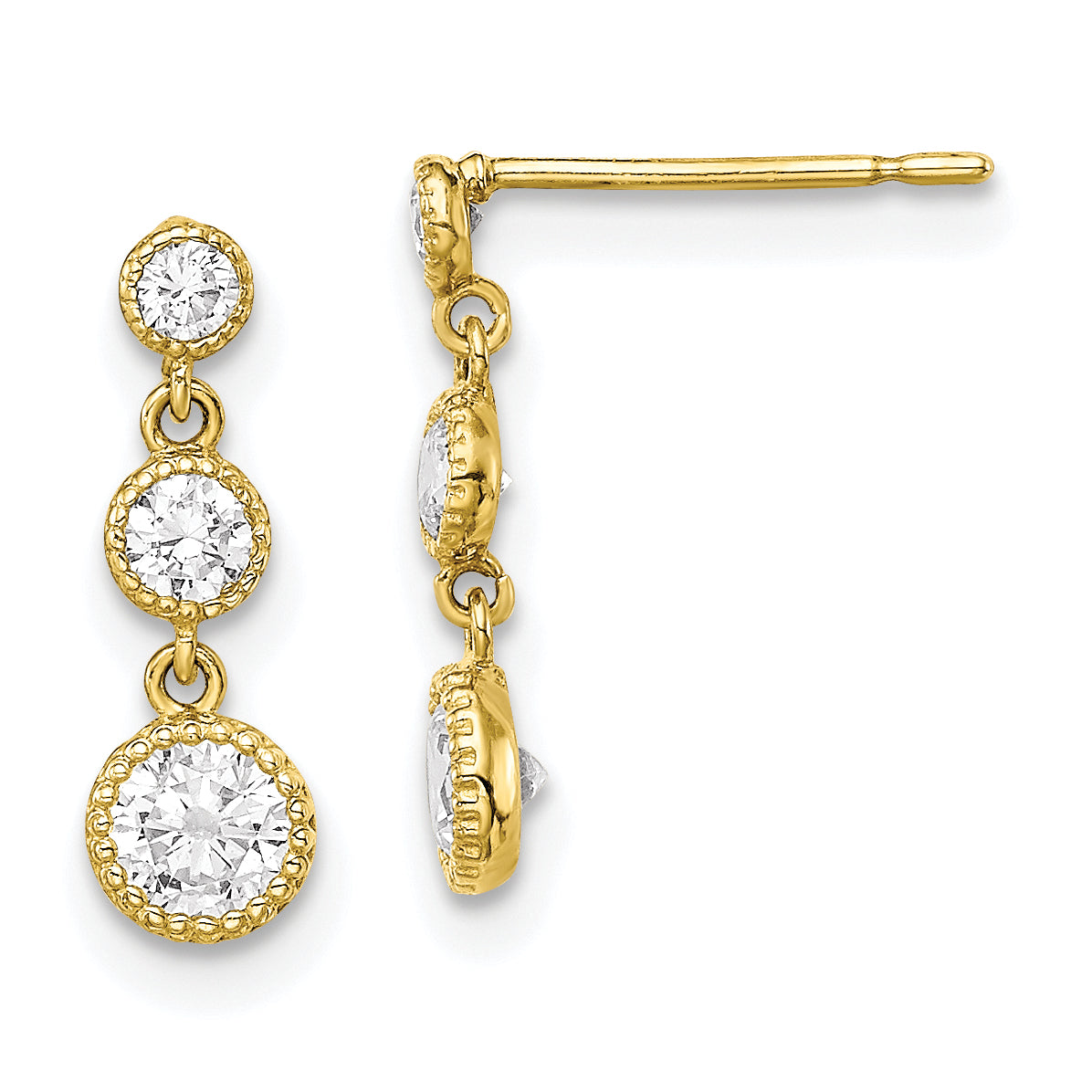 10K CZ 3 Stone Dangle Earrings