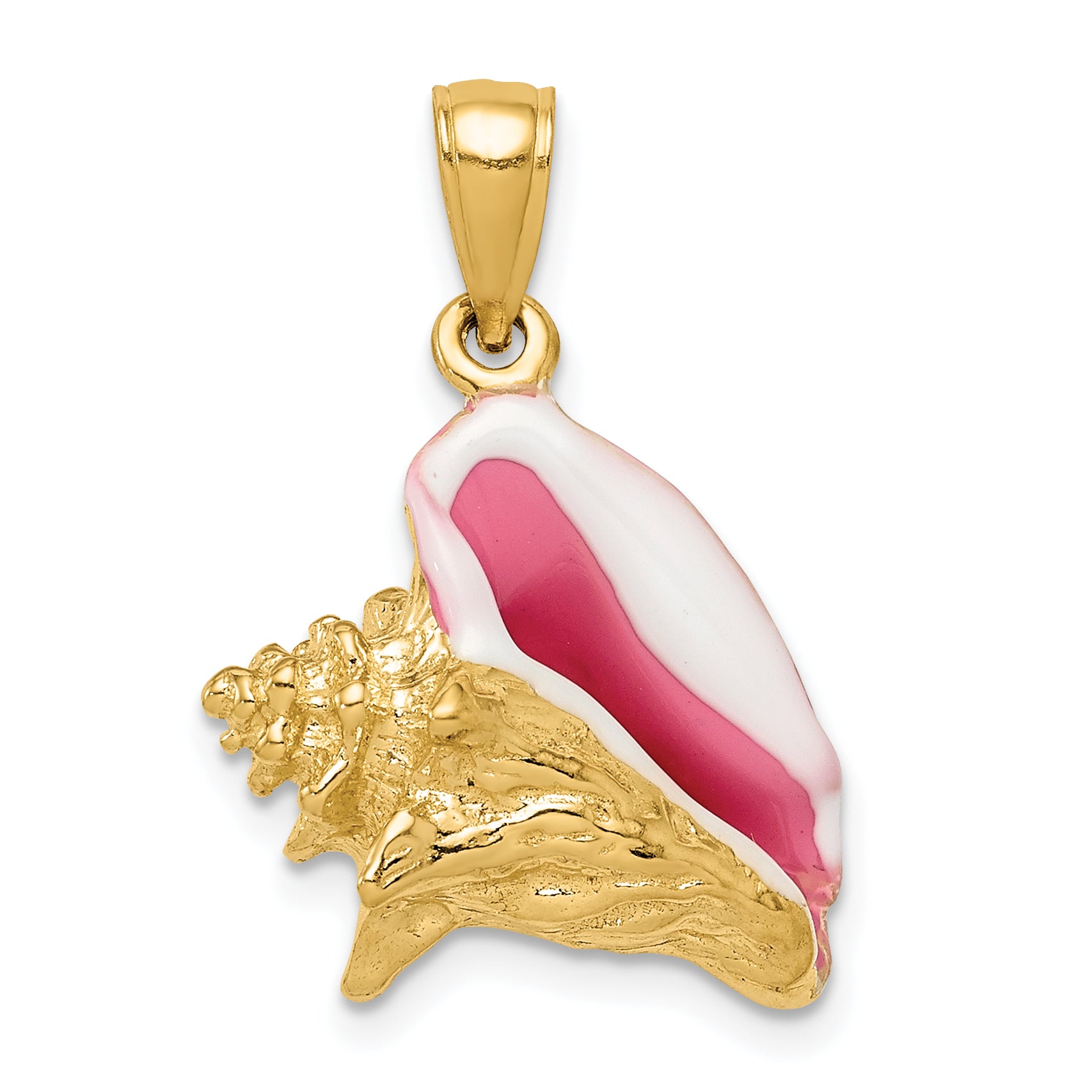 10k Polished 3-Dimensional Pink & White Enameled Conch Shell Pendant