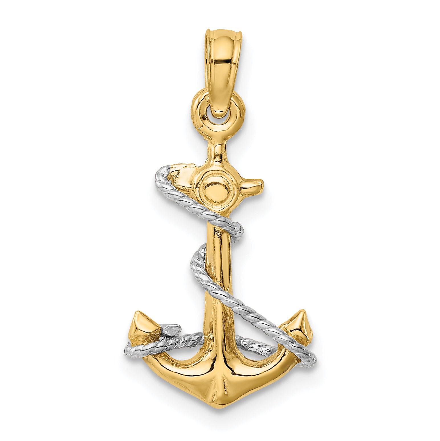 10K Two-Tone 3D Anchor W/Rope Pendant