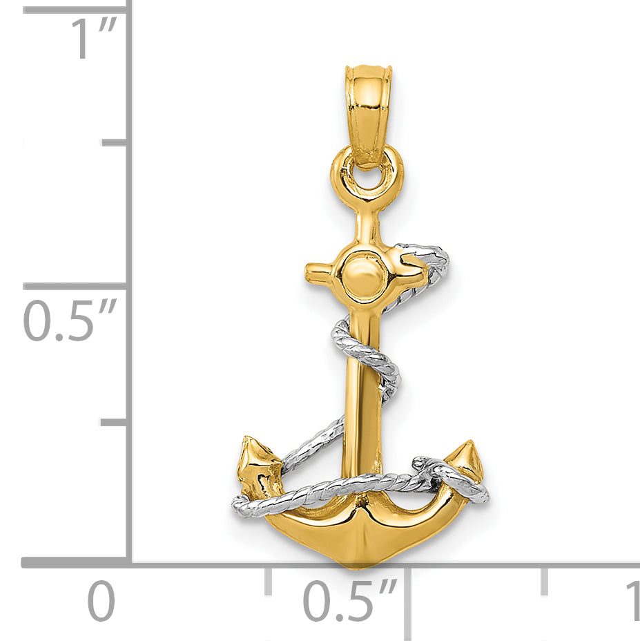 10K Two-Tone 3D Anchor W/Rope Pendant