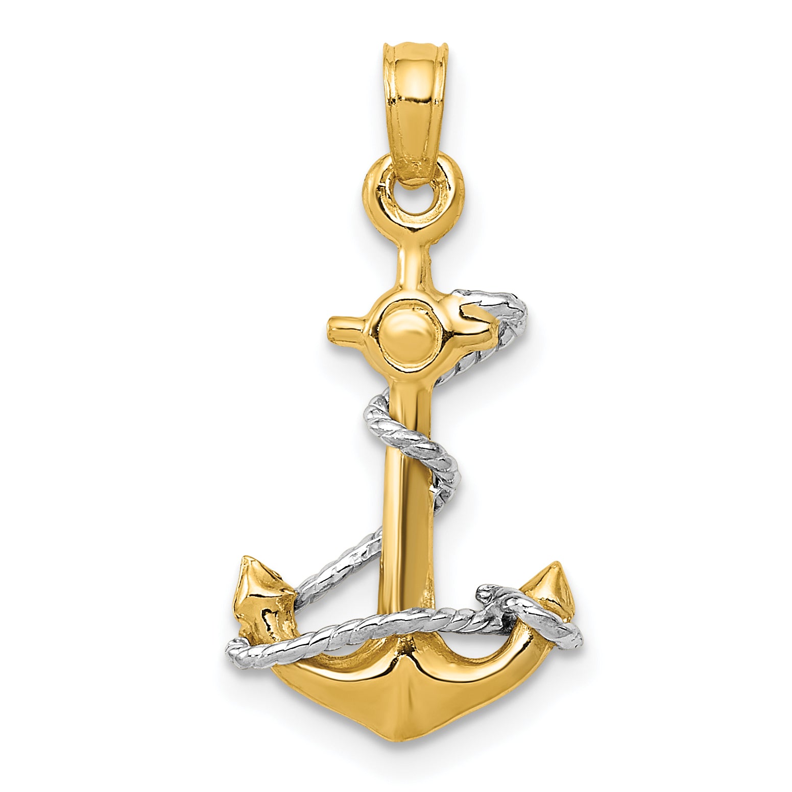 10K Two-Tone 3D Anchor W/Rope Pendant