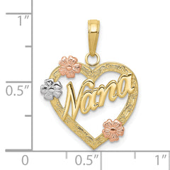 10K Tri-color Nana in Heart with Flowers Pendant