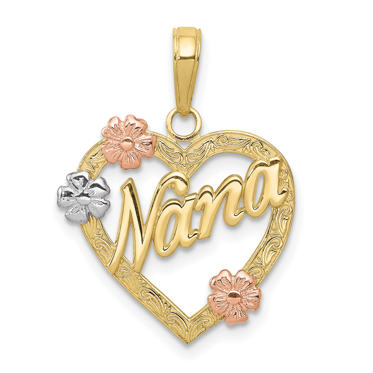 10K Tri-color Nana in Heart with Flowers Pendant