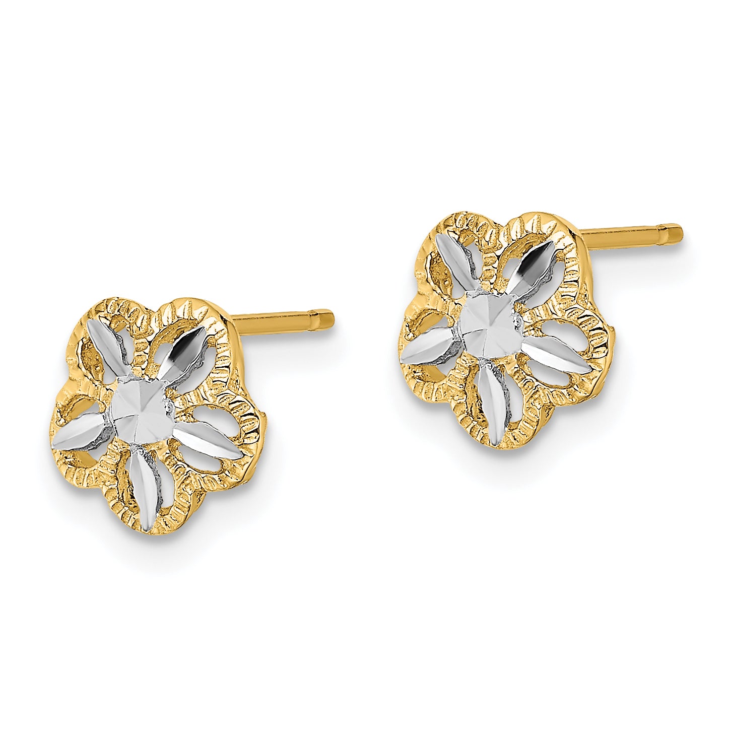 10K w/Rhodium Diamond-cut Flower Post Earrings