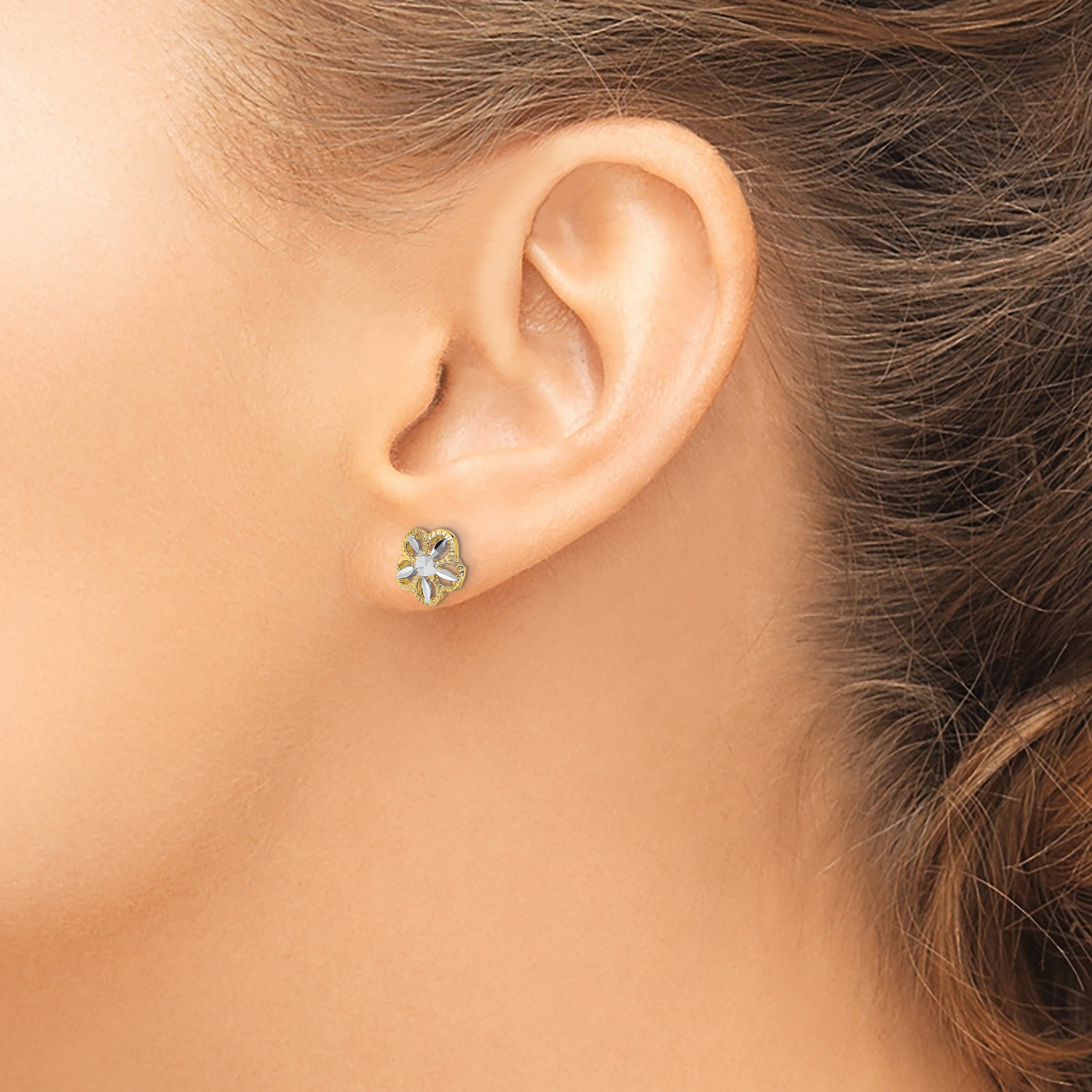 10K w/Rhodium Diamond-cut Flower Post Earrings