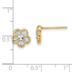 10K w/Rhodium Diamond-cut Flower Post Earrings