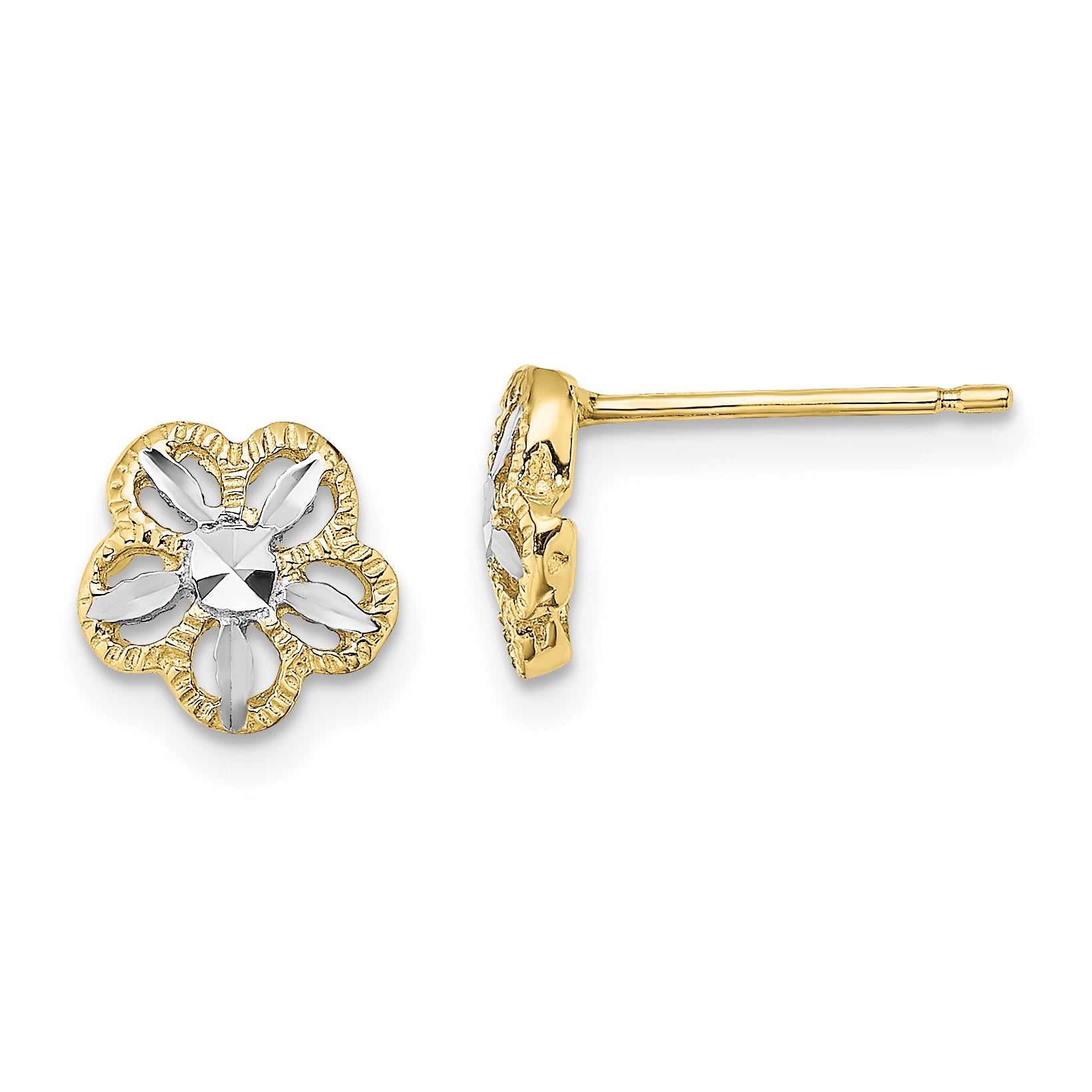 10K w/Rhodium Diamond-cut Flower Post Earrings