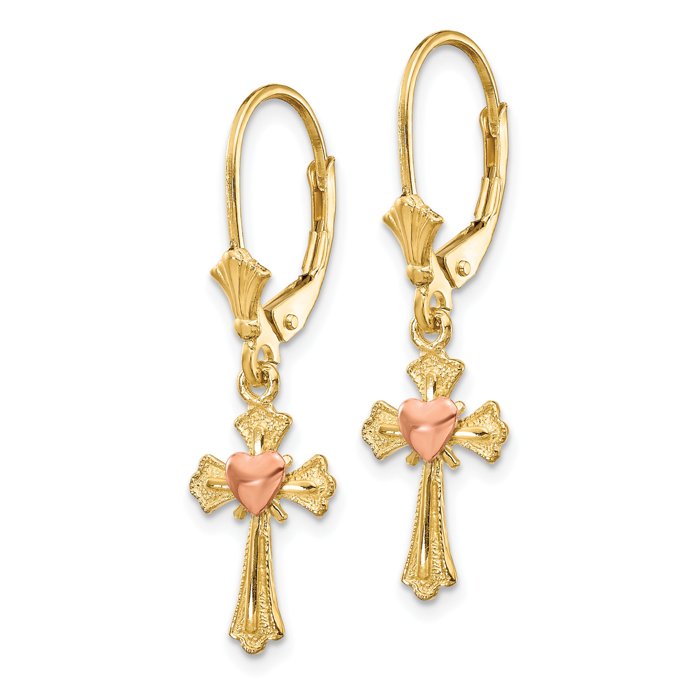 10K Two-tone Heart on Cross Leverback Earrings