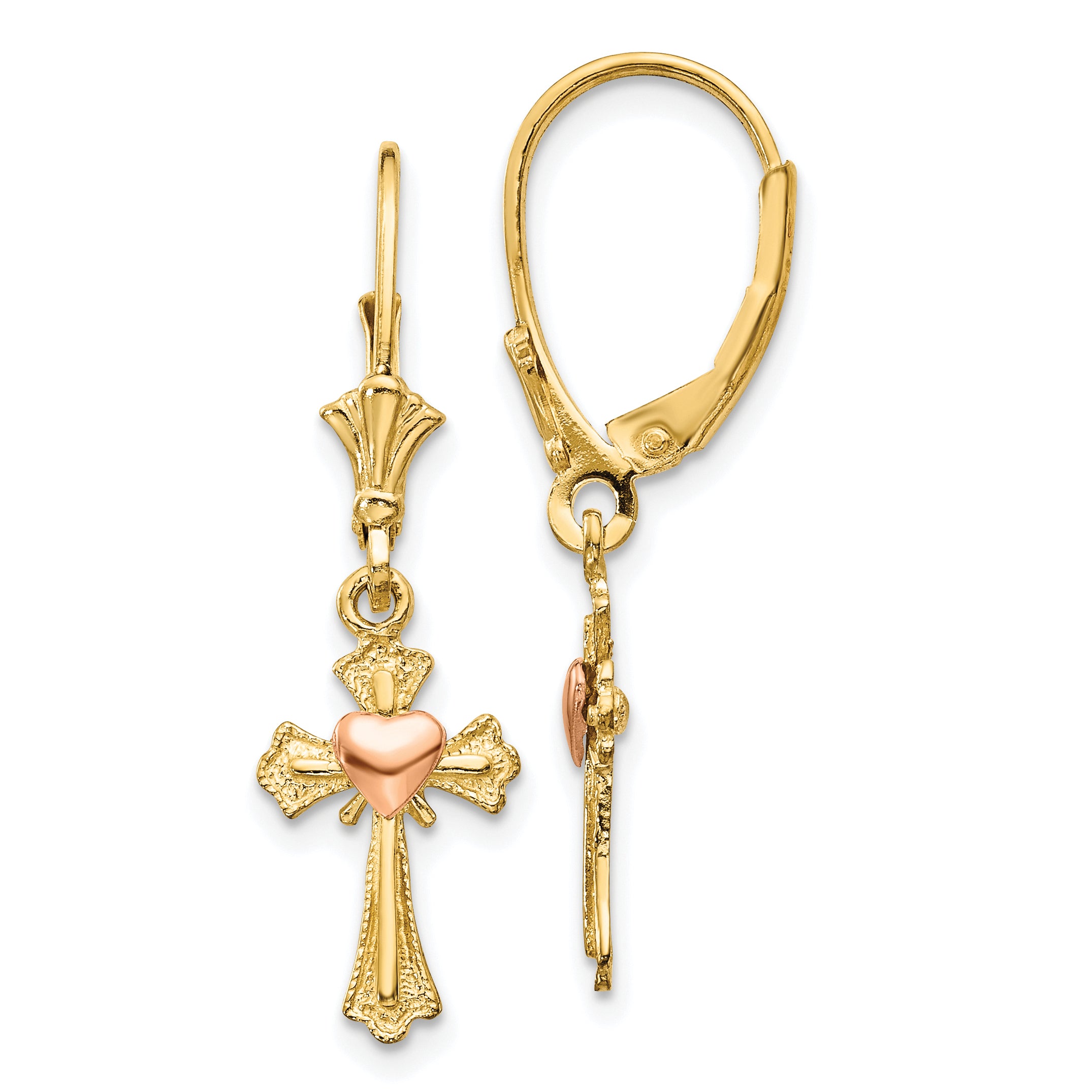 10K Two-tone Heart on Cross Leverback Earrings