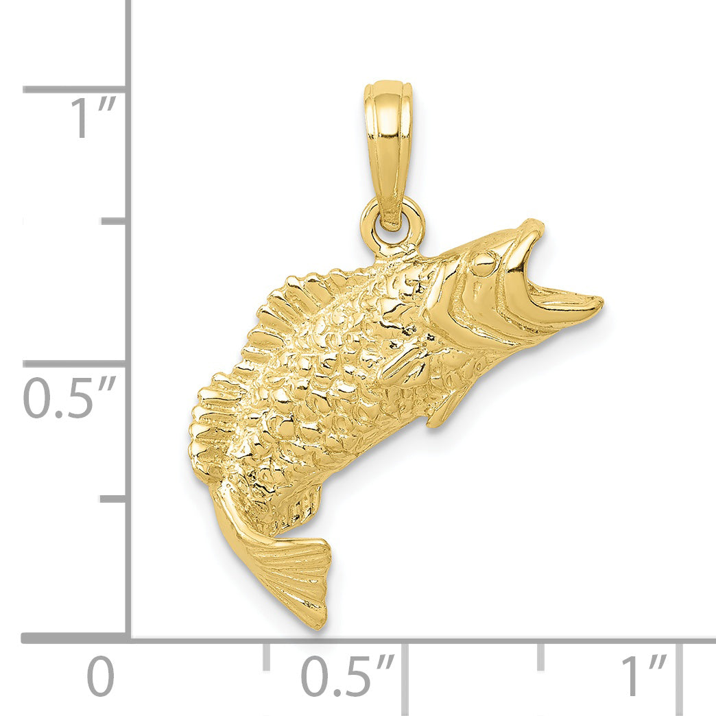 10K Gold Polished & Textured Bass Fish Pendant