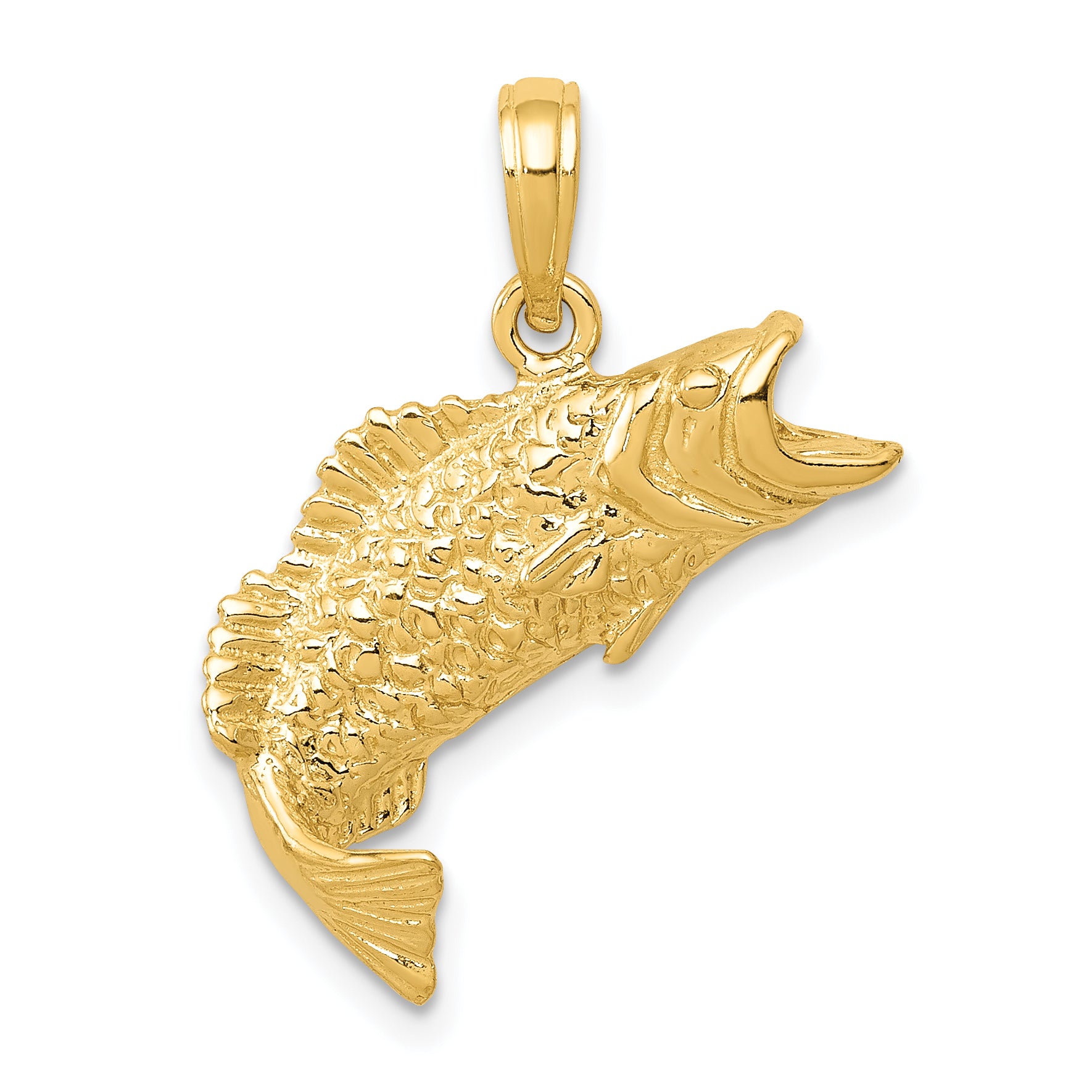 10K Gold Polished & Textured Bass Fish Pendant