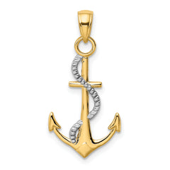 10K w/Rhodium Polished Anchor W/Rope Pendant