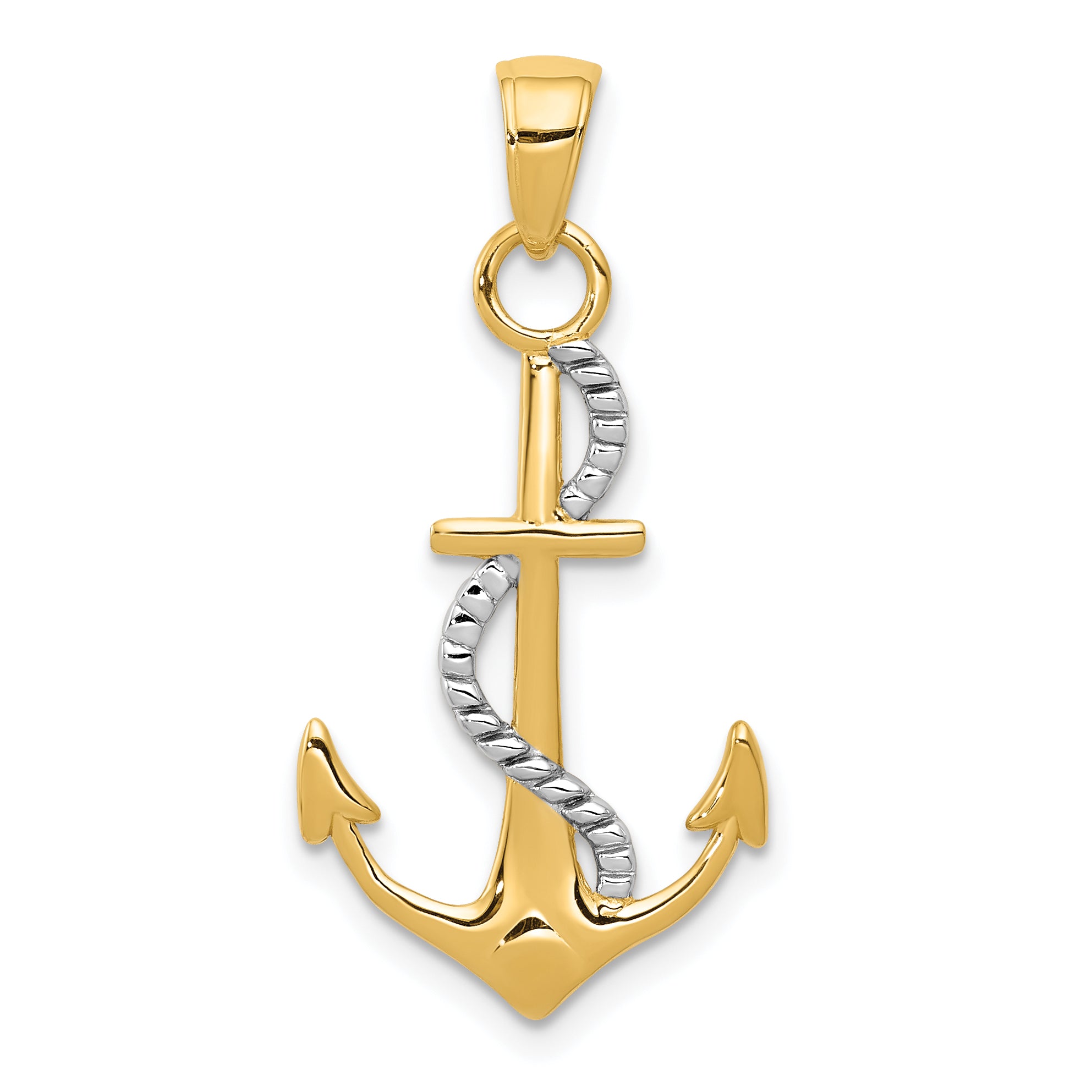 10K w/Rhodium Polished Anchor W/Rope Pendant