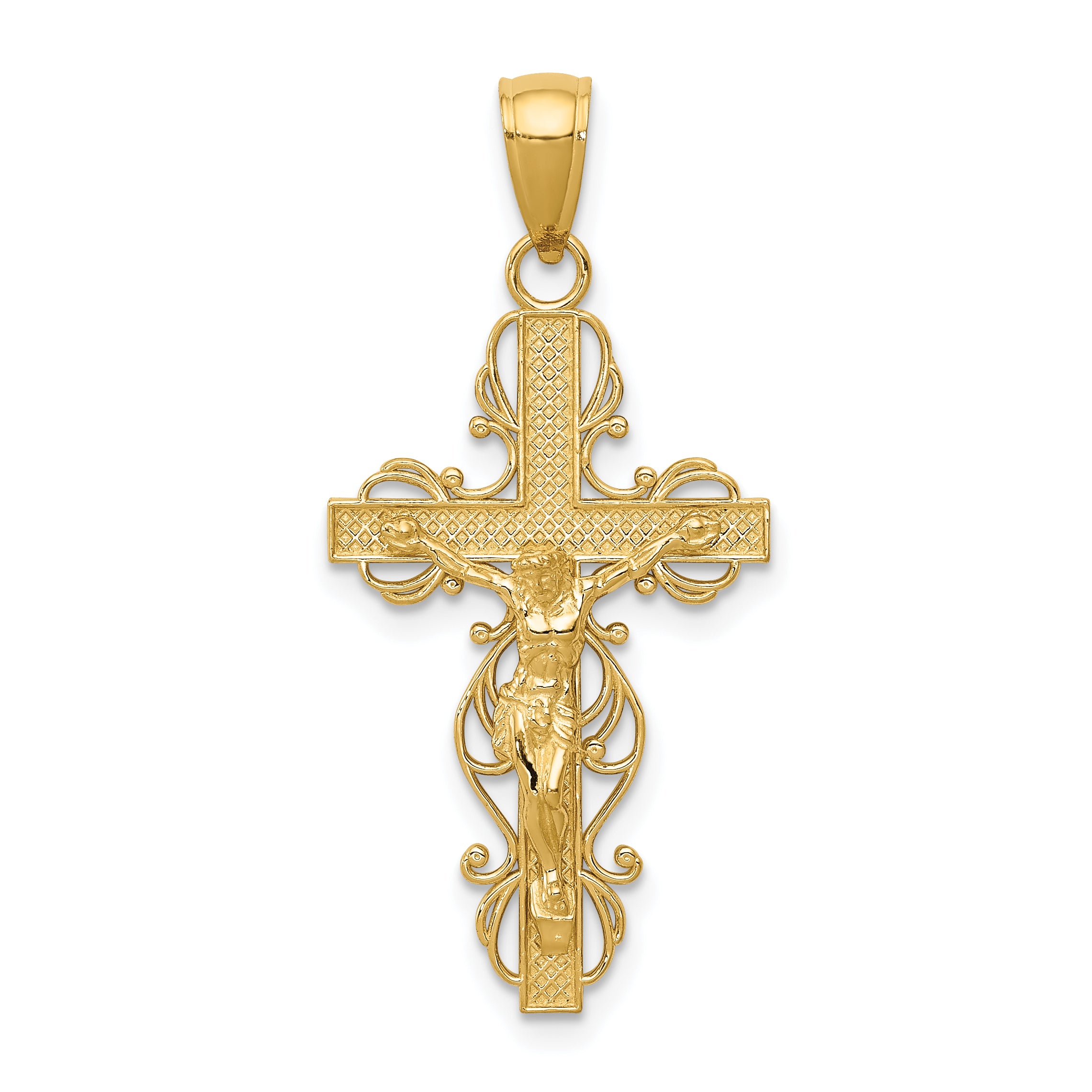 10K Gold Polished Crucifix w/lace Trim Pendant