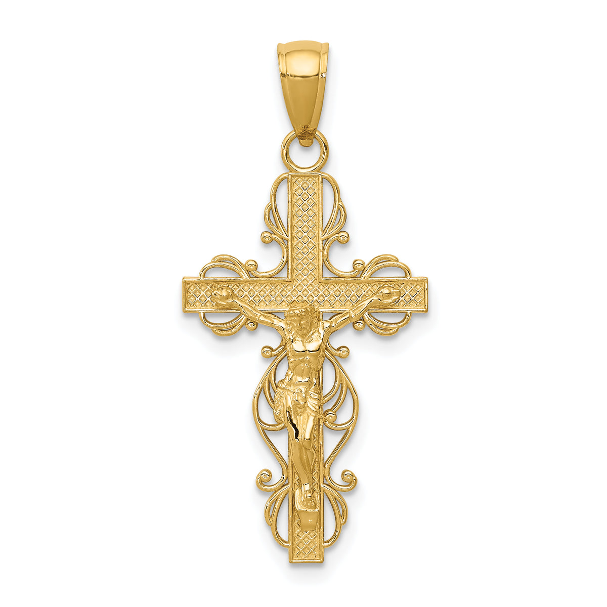 10K Gold Polished Crucifix w/lace Trim Pendant