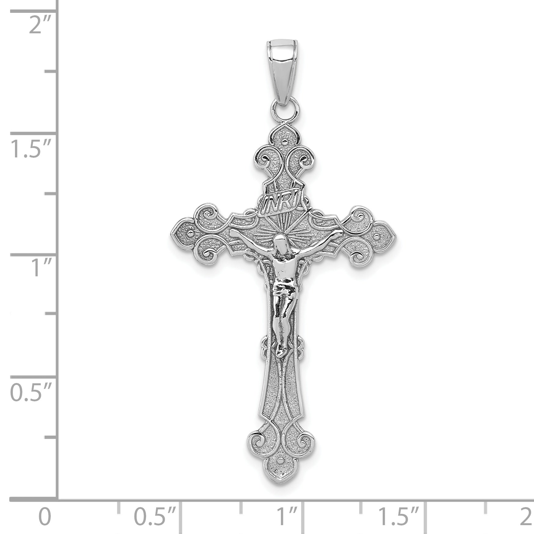 10K White Gold Polished Textured INRI Crucifix Fleur de Lis Pendant